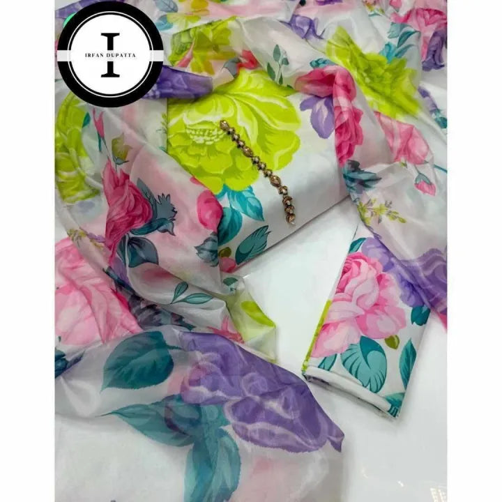 3 Pcs Swiss Lawn Unstitched Printed Suit With Silk Dupatta