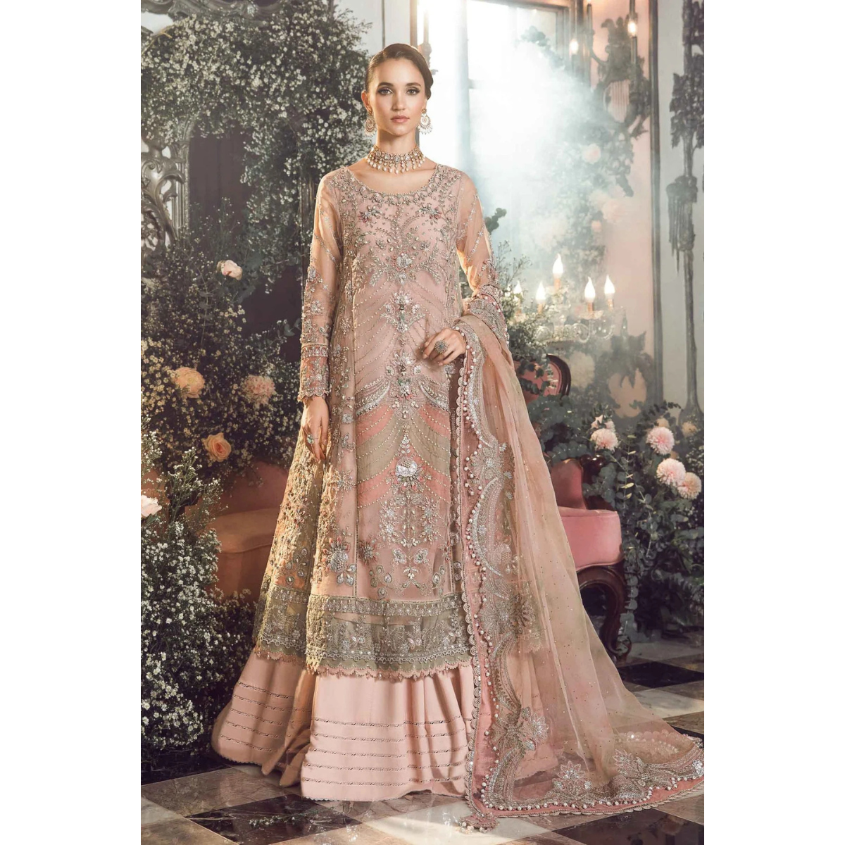 Fazr collection presesnting 3 pc chiffon suit with silk trouser FC-46