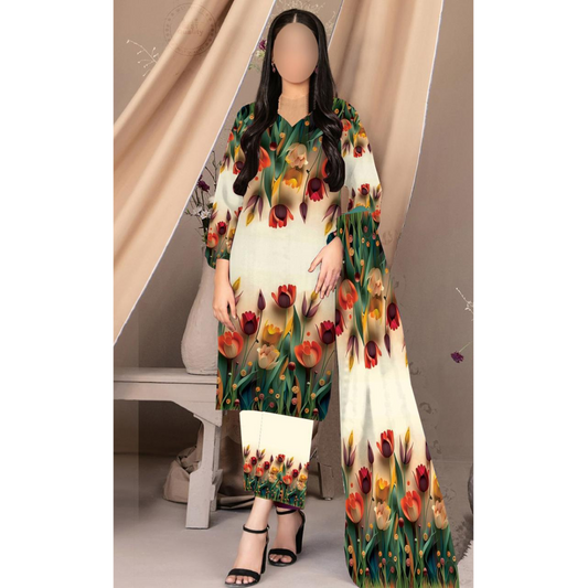 3-PC Digital Print Silk Suit With Silk Digital Print Dupatta FC-31